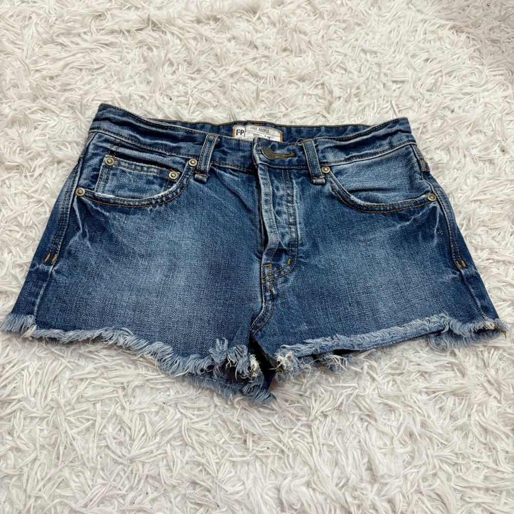 Free People Uptown Shorts Cutoff Button Fly High Rise Blue Denim Distressed 24